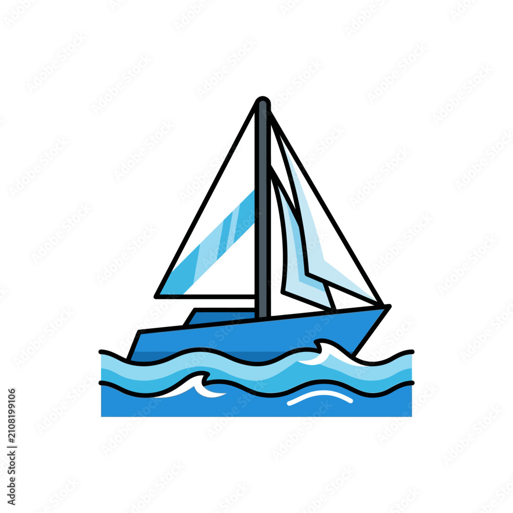 Naklejka premium Blue sailboat on ocean waves.