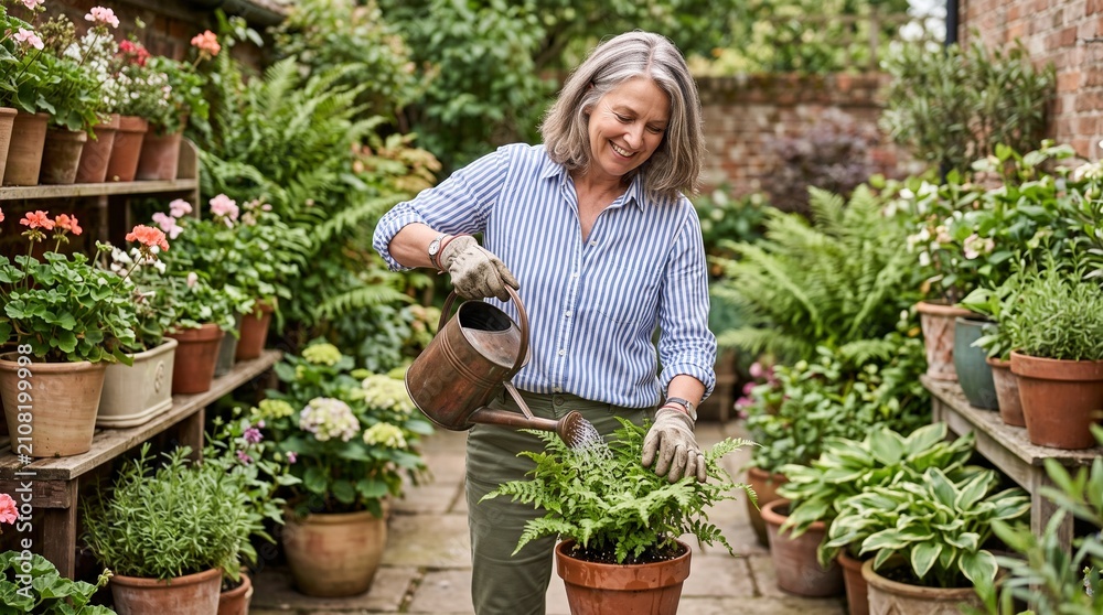 Fototapeta premium Smiling mature woman watering potted fern in a lush garden setting