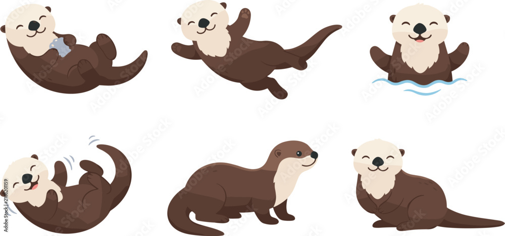 Obraz premium Cute Sea Otter Vector Character Illustration Pack Featuring Various Playful Cartoon Swimming and Floating Poses for Marine Wildlife, Stickers, and Kids Educational Graphics