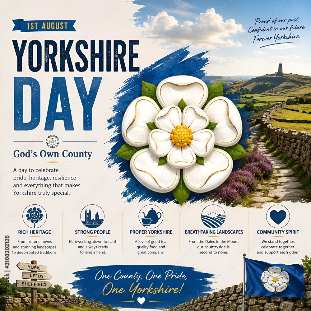 Obraz premium Yorkshire day celebration poster featuring white rose emblem and scenic rural landscape yorkshire celebration landscape heritage community