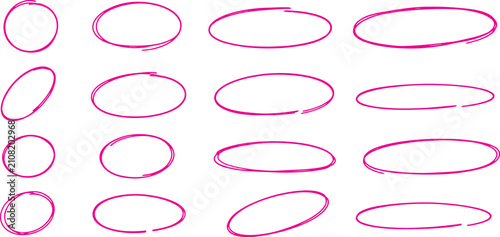 Foto Hand drawn pink circle highlight marker collection with sketch oval outline elem
