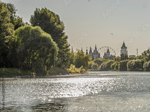 Photography View of the Izmailovo Kremlin towers and the Serebryano-Vinogradny pond in Mosco