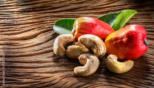 Cashew Fruit Over A Wooden Surface