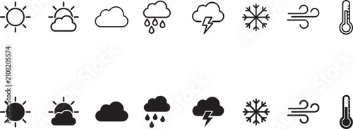 Minimalist weather icon set, 16 black line and solid vector symbols, meteorology forecast elements for mobile apps and web design