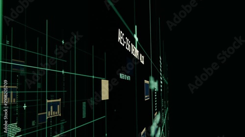 Showing AES-256 DECRYPT label rising percent with MASTER KEY in 3D grid, passing 35% causing pan