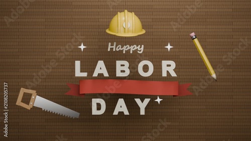 Icons appearing forming centered LABOR DAY on wood planks honoring labor with hard hat ribbon tools
