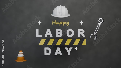 Falling hard hat causing Happy LABOR DAY graphic forming in studio, flanked cone tools, celebrating