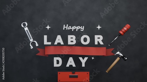 Starting with toolbox appearing LABOR DAY forming on studio tools dropping ribbon honoring workers