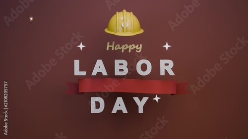 Starting maroon backdrop, card forming LABOR DAY, Happy hard hat, red ribbon honoring worker, stars