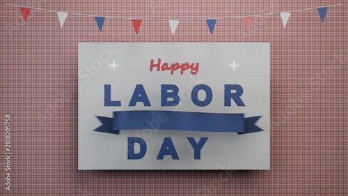Dropping centered white panel starting Happy LABOR DAY animating on gingham wall, balloons floating