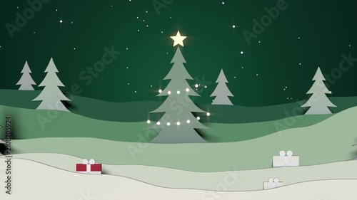Moving glowing orb toward central pine with star on paper hills, lighting ornaments, placing gifts