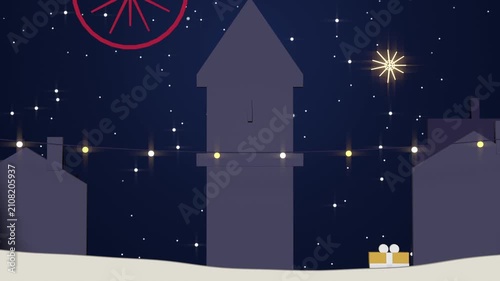Appearing string of bulbs lighting across winter village, tower gaining star, festive reveal