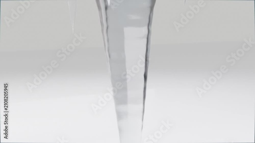 Forming droplet on glass icicle, detaching from thin tip and falling past gray backdrop with specks