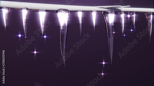 Shifting light revealing row of clear icicles growing in closeup on white rod with purple glints