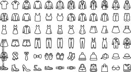 Фотография Vector line icon set of men and women apparel clothing jacket hoodie suit dress
