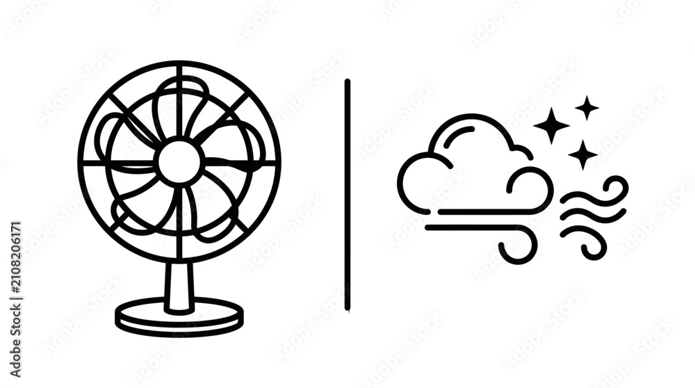 Obraz premium Electric fan icon next to wind and cloud icon for cooling and weather concept