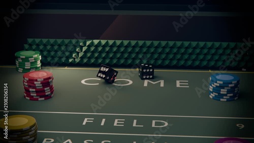 Launching two black dice across craps table, tumbling over COME toward chip stacks to settle bets