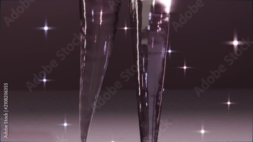 Growing glassy tapered spires merging into center as camera moving over mauve floor, star glints