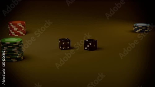 Toss launching two black dice tumbling then settling on felt for game outcome, poker chips