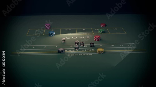 Throwing smoky dice tumbling across craps table, settling in COME area with chips resolving bets