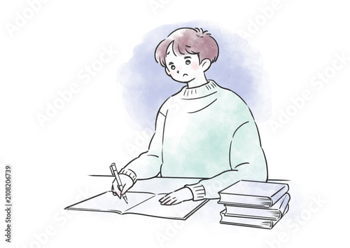 勉強がわからずモヤモヤしているノートを広げた男の子の水彩風イラスト