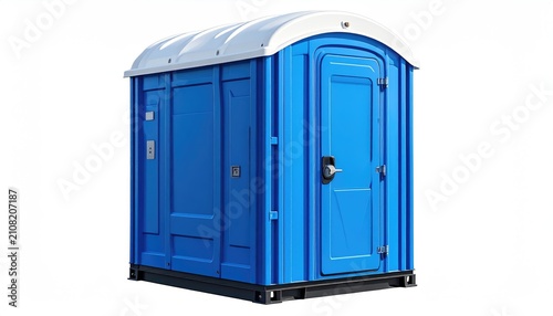 Blue portable toilet with white roof, isolated on white background