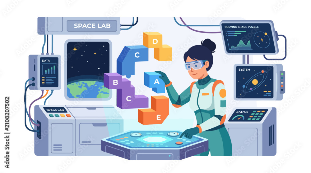 Naklejka premium Astronaut working with holographic displays in space station.