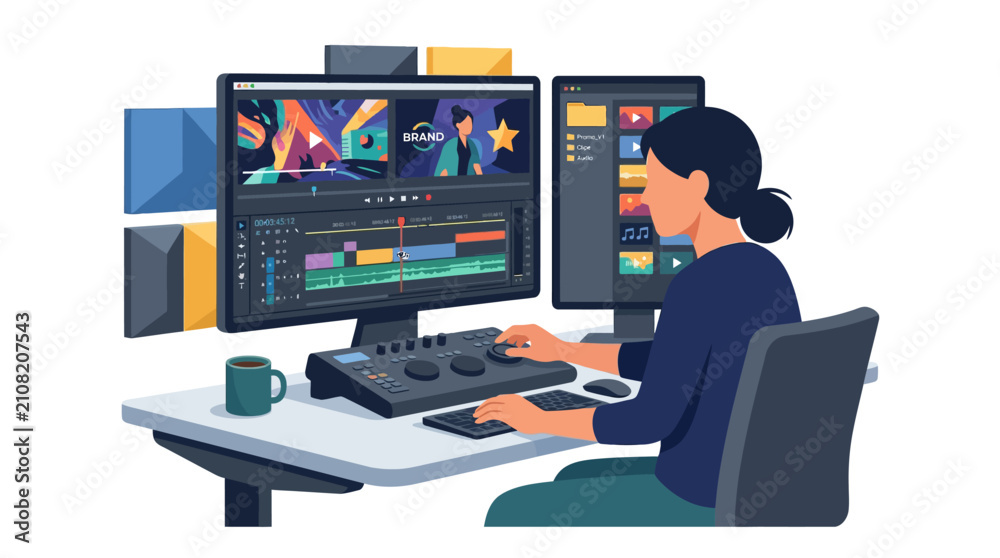 Fototapeta premium Video editor using professional console and dual monitors.