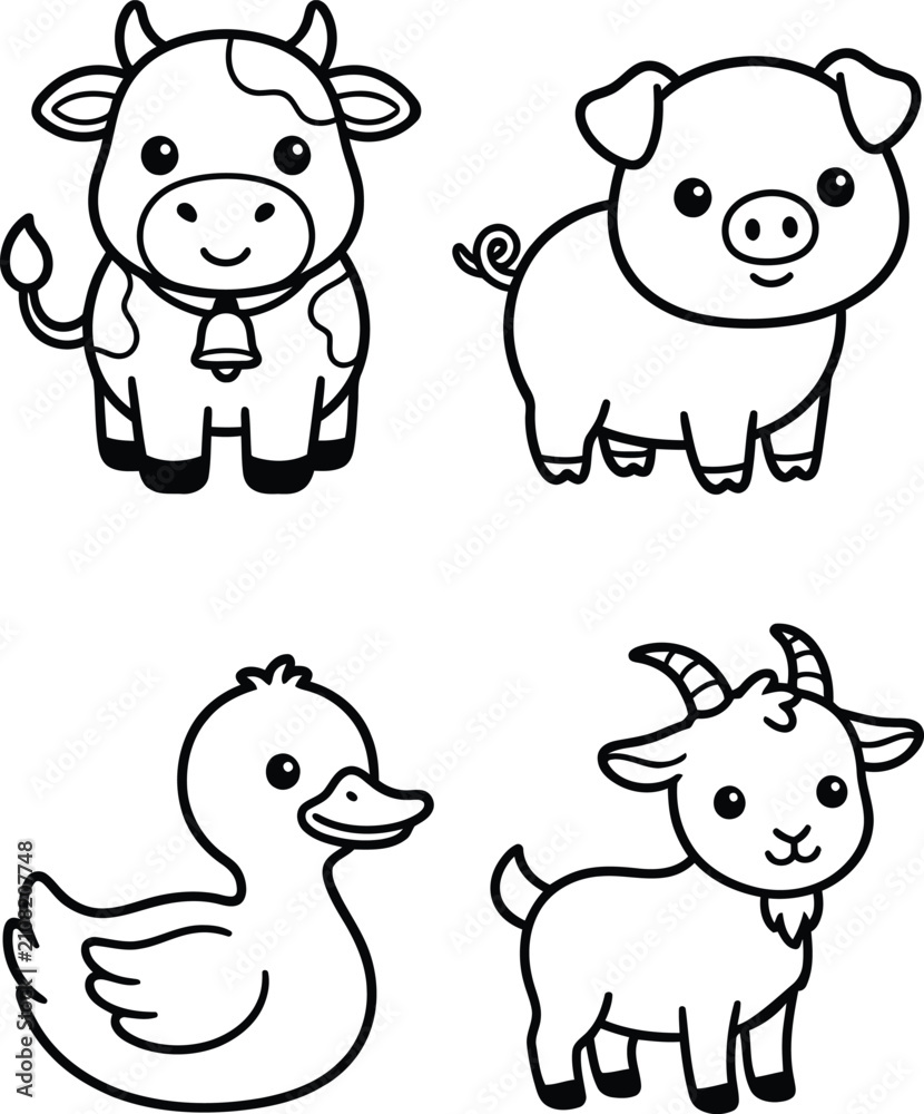 Fototapeta premium Four adorable cartoon farm animals including a little cow, a pig, a small duck, and a happy baby goat for coloring.