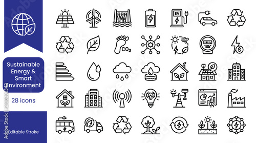 Sustainable energy and smart environment line icons, 28 green technology vector symbols, eco friendly power and recycling collection