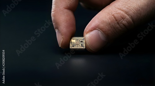 Person holding a small gold electronic microchip between fingers for technology
