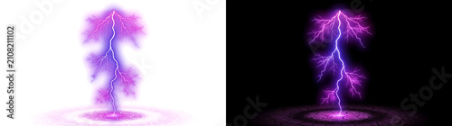 Purple lightning strike hitting cracked ground with glowing electric energy ideal for PNG, Transparent and Black Background Versions in designs