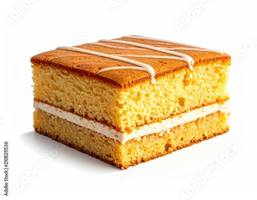 Golden sponge cake slice with white icing stripes and cream
