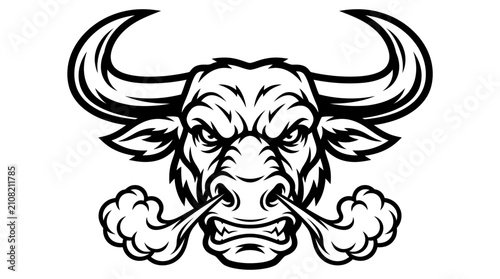 Bild auf Leinwand Angry bull mascot head blowing steam from nostrils black and white vector illust