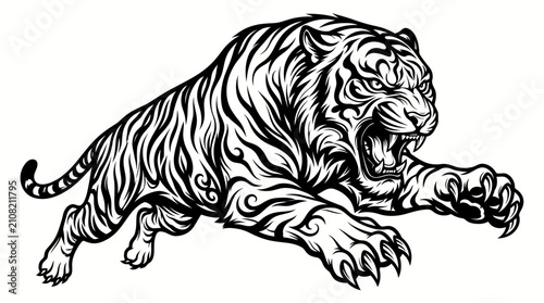 Bild auf Leinwand Fierce roaring tiger pouncing forward black and white mascot vector illustration