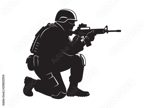 Fotografie Silhouette of a tactical combat soldier crouching down while aiming an assault rifle in action stance