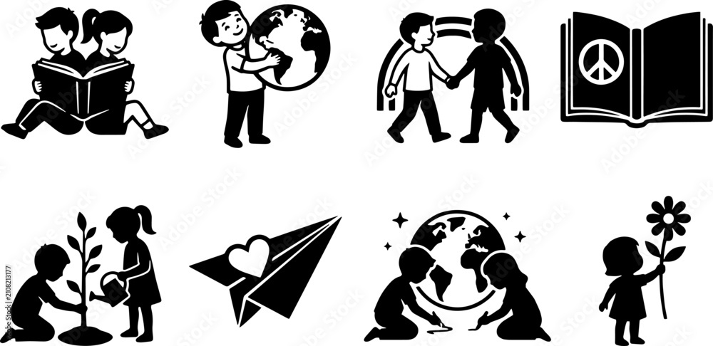 Fototapeta premium Children reading, caring for earth, and making friends, vector illustrations set