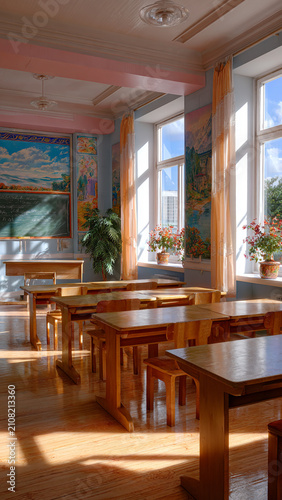 An old school classroom in a village school with wooden desks
