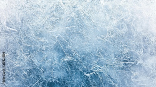 Close-up of a textured ice surface with intricate frost patterns and a cold blue tone.