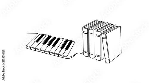 Continuous Line Drawing of Piano Keyboard and Stack of Books Representing Music Education