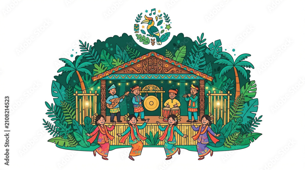 Fototapeta premium Vibrant Rainforest Music Festival with Traditional Dancers and Musicians in Malaysia