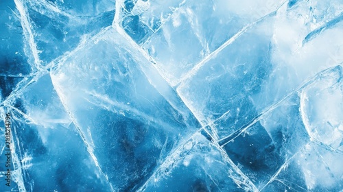 Close-up view of cracked, translucent blue ice with intricate patterns and textures reflecting light.