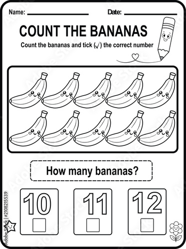 Cute banana counting worksheet for preschool and kindergarten children. Black and white printable educational activity page for early math learning and classroom practice.