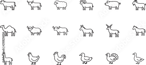 Domestic animals square line icon set. Editable stroke, pixel perfect scalable vector for web and app.