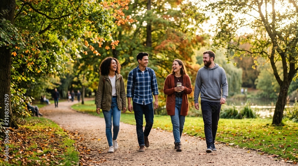 Obraz premium Diverse group of friends enjoying a leisurely walk in a park during autumn with colorful foliage and sunlight