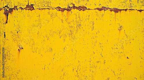 A close-up of a weathered yellow metal surface with rust, peeling paint, and texture details.