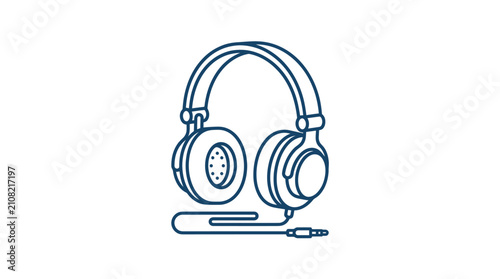 Minimalist blue outline icon of headphones with cable and jack on white background