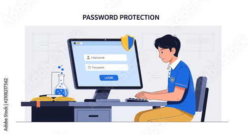 Young man using computer for password protection and online security