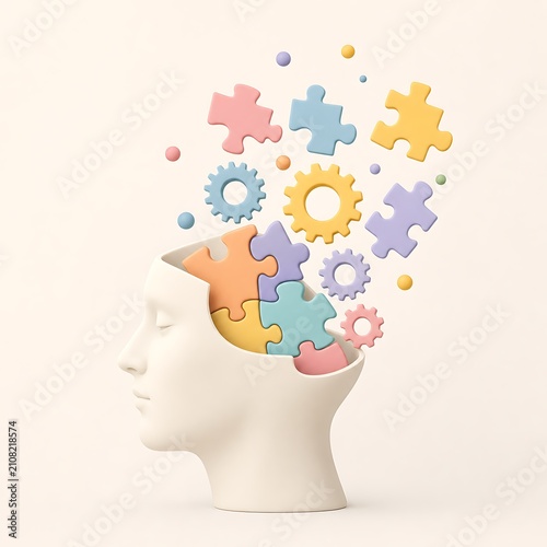 Minimalist 3D illustration of a human head profile filled with colorful puzzle pieces and gears, symbolizing creative thinking, mental health awareness, and complex problem solving.
