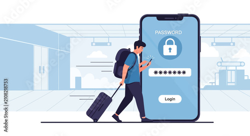 Traveler with suitcase uses mobile for password login at airport security